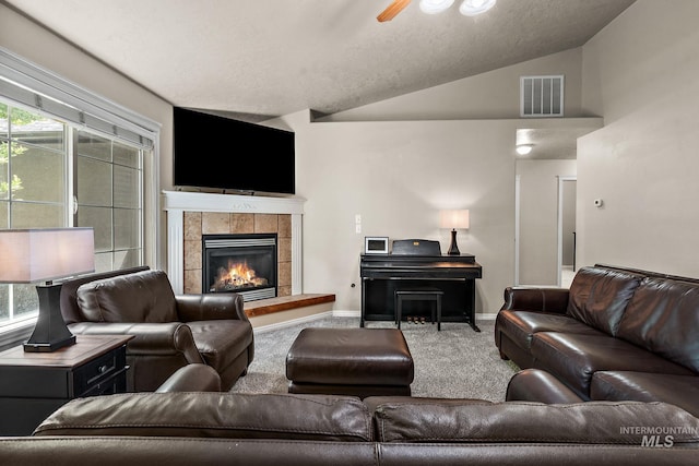 3401 S Murlo Way, Meridian, ID 83642 - carpeted living room featuring lofted ceiling, ceiling fan, baseboards, and a fireplace