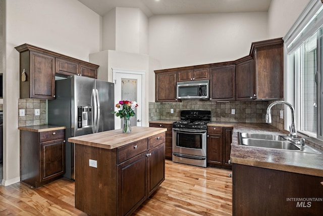 3401 S Murlo Way, Meridian, ID 83642 - kitchen with appliances with stainless steel finishes, a sink, wood counters, a center island, and dark brown cabinetry