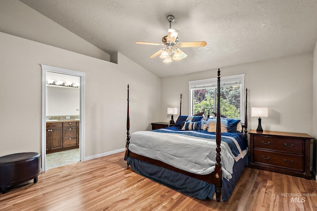 3401 S Murlo Way, Meridian, ID 83642 - bedroom with light wood-style floors, vaulted ceiling, a textured ceiling, ensuite bathroom, and ceiling fan