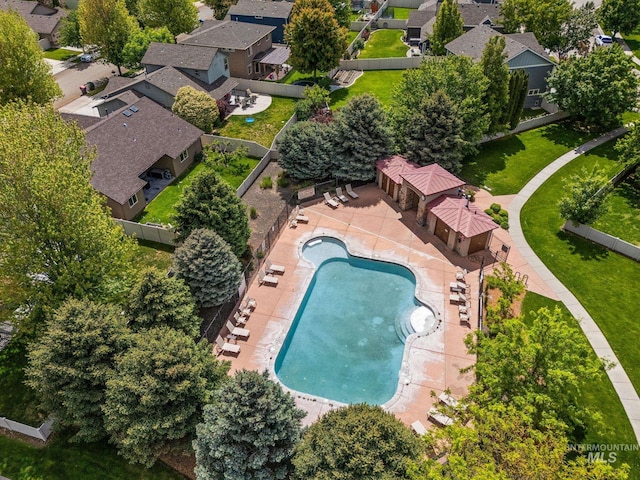 3401 S Murlo Way, Meridian, ID 83642 - aerial perspective of suburban area featuring a pool