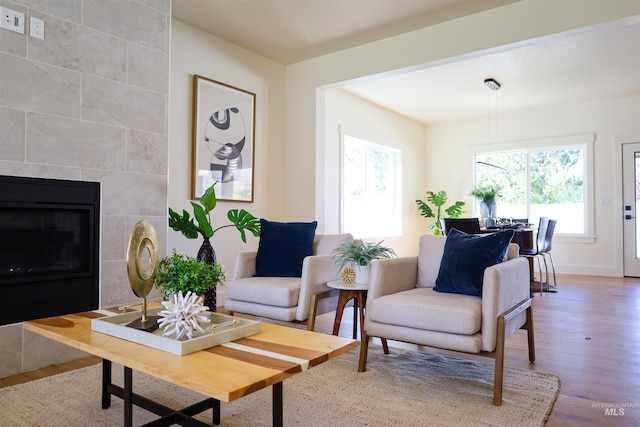 1038 E Fleetwood Ct, Boise, ID 83706 - living area featuring wood finished floors, a tiled fireplace, and baseboards