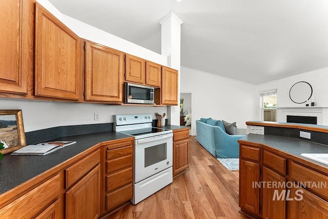 1545 N Ellington Way, Eagle, ID 83616 - kitchen with electric range, stainless steel microwave, dark countertops, open floor plan, and light wood-type flooring