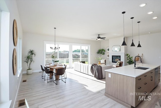 6200 S Binky Ave, Meridian, ID 83642 - kitchen with a sink, a ceiling fan, light countertops, light wood-style floors, and a glass covered fireplace