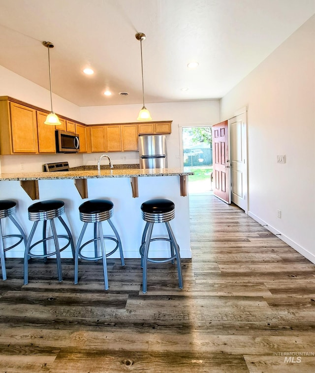 11233 W Gabrielle Dr, Boise, ID 83713 - kitchen with stainless steel appliances, light stone countertops, a sink, dark wood-style floors, and pendant lighting