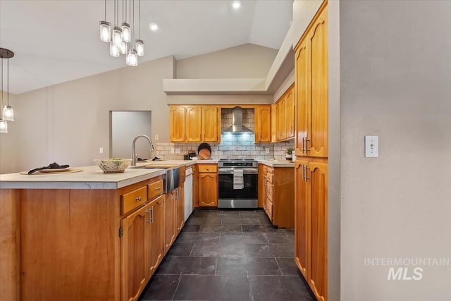 11909 W Patrina Dr, Boise, ID 83713 - kitchen with stainless steel electric stove, a peninsula, vaulted ceiling, tasteful backsplash, and wall chimney exhaust hood