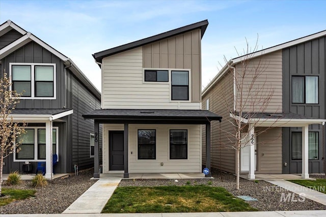 contemporary home with board and batten siding