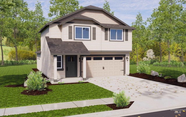 view of front of home with a garage, driveway, roof with shingles, and a front yard