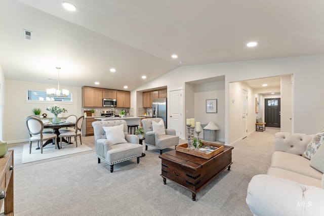 living room with vaulted ceiling, baseboards, an inviting chandelier, light carpet, and recessed lighting