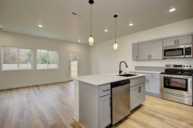 kitchen with visible vents, gray cabinetry, light countertops, appliances with stainless steel finishes, and a sink