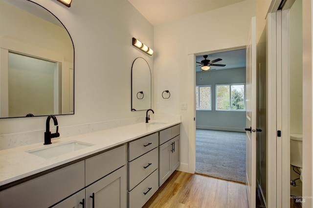 full bathroom with a sink, baseboards, wood finished floors, and double vanity