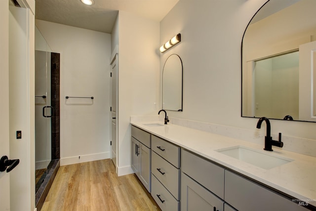 bathroom featuring double vanity, wood finished floors, baseboards, and a sink