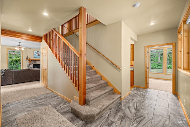 14199 Franklin Rd, Mccall, ID 83638 - stairs with recessed lighting, ceiling fan, and a fireplace