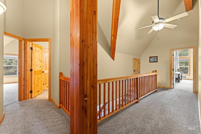 14199 Franklin Rd, Mccall, ID 83638 - hallway featuring carpet, high vaulted ceiling, and an upstairs landing