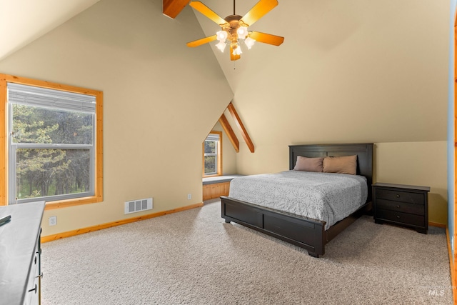 14199 Franklin Rd, Mccall, ID 83638 - bedroom with carpet flooring, multiple windows, ceiling fan, and high vaulted ceiling