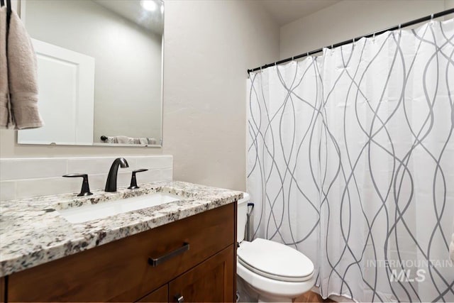 full bathroom featuring vanity, a shower with shower curtain, and toilet