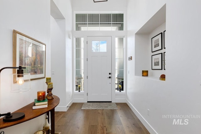 foyer with a high ceiling, wood finished floors, and baseboards