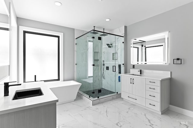full bath featuring baseboards, vanity, marble finish floor, a marble finish shower, and recessed lighting