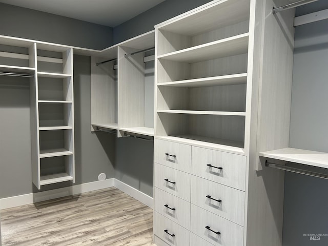walk in closet with light wood finished floors