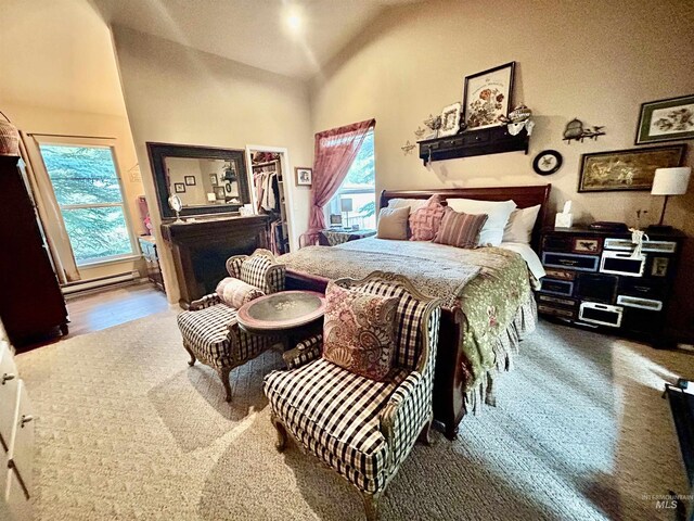 bedroom featuring a closet, hardwood / wood-style floors, a baseboard radiator, high vaulted ceiling, and a walk in closet