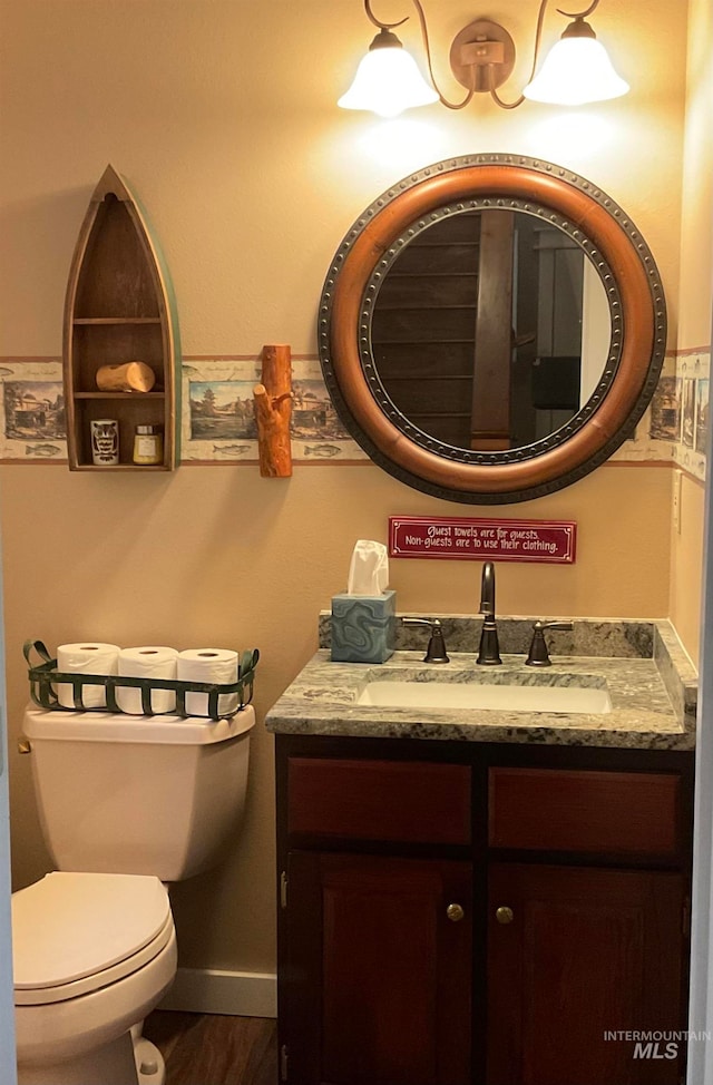 bathroom featuring vanity, toilet, and hardwood / wood-style floors