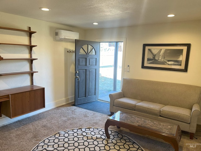 carpeted living room with a textured ceiling and an AC wall unit