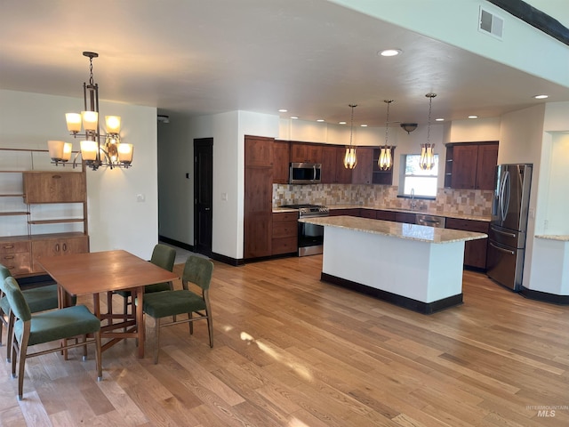 kitchen featuring decorative light fixtures, decorative backsplash, a center island, stainless steel appliances, and light wood-type flooring