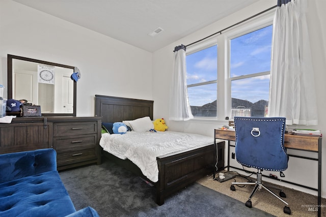 bedroom with dark colored carpet