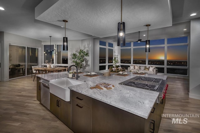 kitchen with a spacious island, appliances with stainless steel finishes, wood finished floors, hanging light fixtures, and a sink