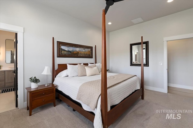8749 W Suttle Lake Dr, Boise, ID 83714 - bedroom featuring baseboards, recessed lighting, ensuite bathroom, and carpet