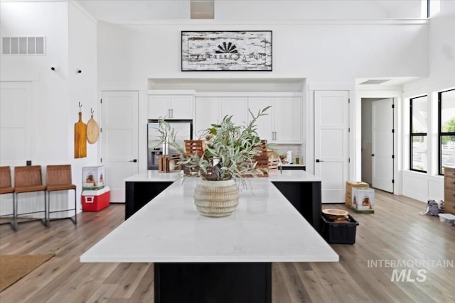 8749 W Suttle Lake Dr, Boise, ID 83714 - kitchen with a center island, light wood-style flooring, a towering ceiling, visible vents, and white cabinetry