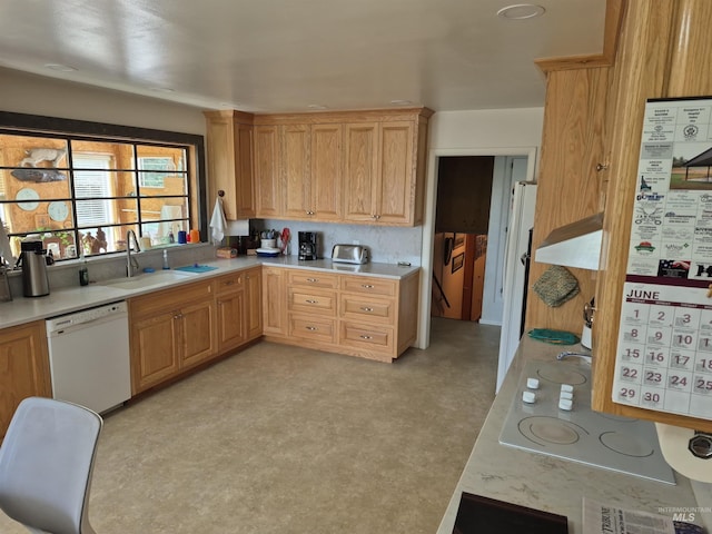 802 Foster Ave, Cottonwood, ID 83522 - kitchen featuring white appliances, a sink, light countertops, ventilation hood, and light brown cabinetry