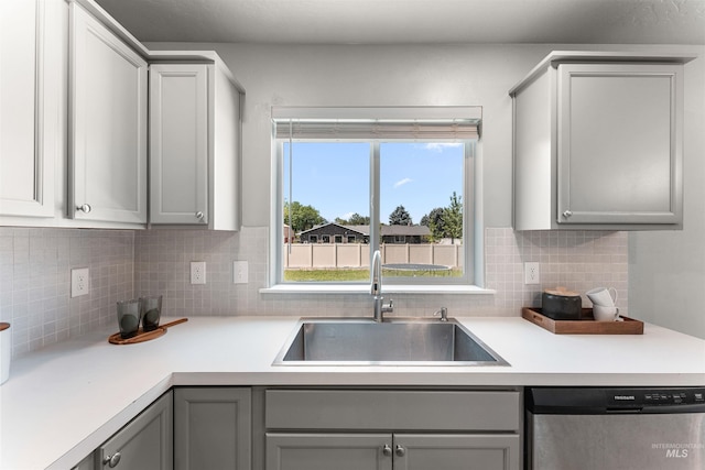 973 S Nautilus Ave, Boise, ID 83709 - kitchen featuring dishwasher, gray cabinets, backsplash, and light countertops