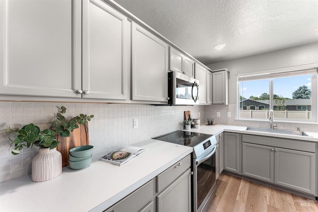 973 S Nautilus Ave, Boise, ID 83709 - kitchen with gray cabinets, appliances with stainless steel finishes, light wood-type flooring, a textured ceiling, and light countertops