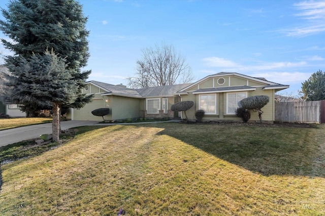 single story home with a garage, concrete driveway, fence, and a front lawn