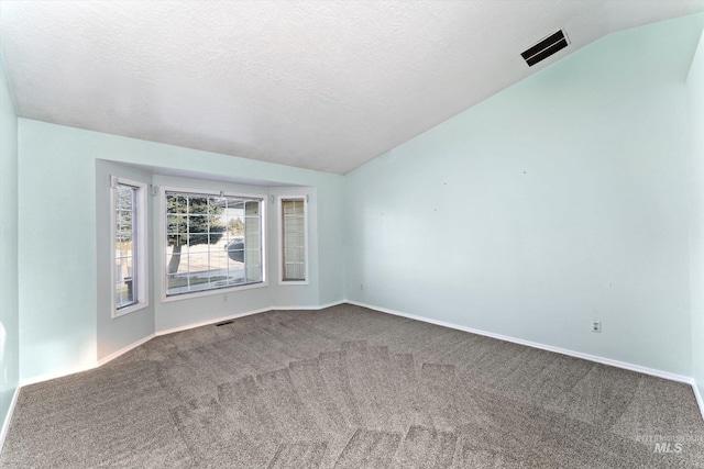 carpeted empty room featuring lofted ceiling, baseboards, and a textured ceiling