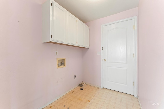 washroom featuring hookup for a washing machine, hookup for an electric dryer, baseboards, cabinet space, and light floors