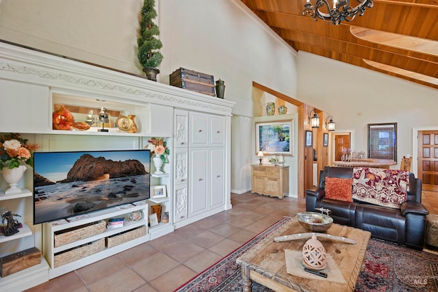 living room with tile patterned floors, an inviting chandelier, high vaulted ceiling, and wooden ceiling