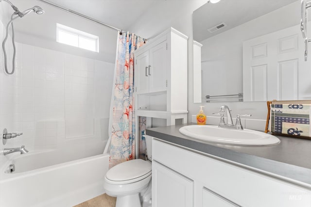 full bathroom with toilet, shower / tub combo with curtain, and vanity