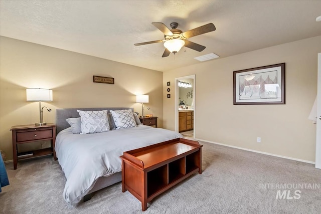 10450 W Antietam St, Boise, ID 83709 - bedroom featuring visible vents, a ceiling fan, baseboards, connected bathroom, and carpet flooring