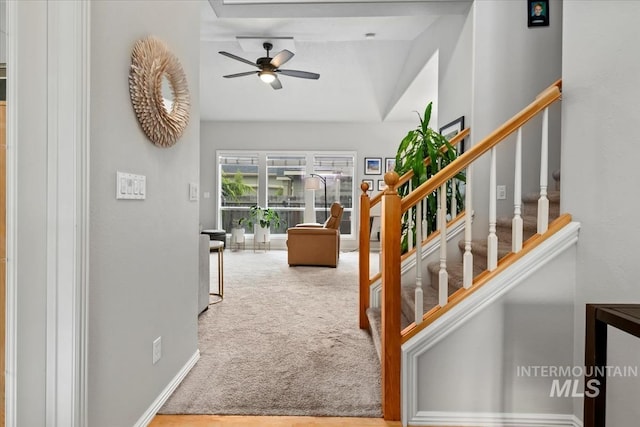 10450 W Antietam St, Boise, ID 83709 - staircase featuring baseboards, carpet, and ceiling fan