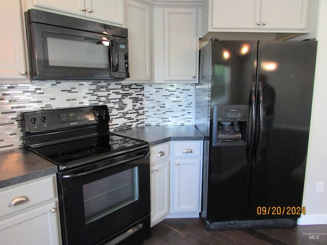 kitchen with black appliances, dark hardwood / wood-style flooring, decorative backsplash, and white cabinets