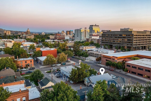 view of aerial view at dusk