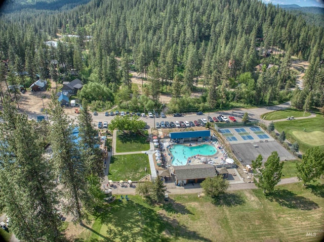bird's eye view with a view of trees