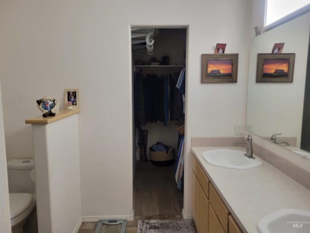 bathroom featuring double vanity, a spacious closet, toilet, and a sink