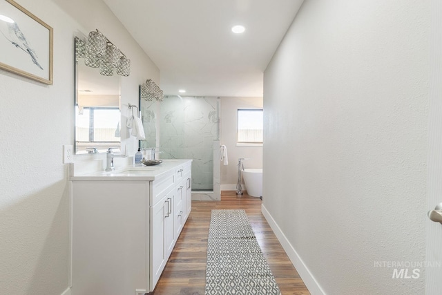 5696 N Kriscliffe, Boise, ID 83704 - bathroom with a marble finish shower, vanity, a soaking tub, wood finished floors, and baseboards