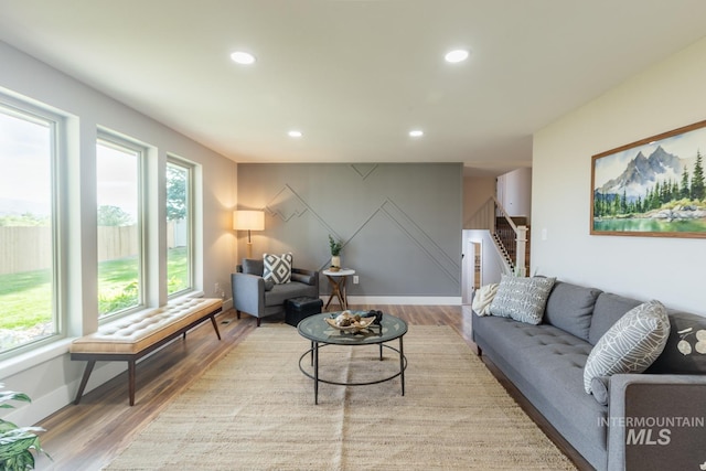 5696 N Kriscliffe, Boise, ID 83704 - living area featuring wood finished floors, recessed lighting, stairway, and baseboards