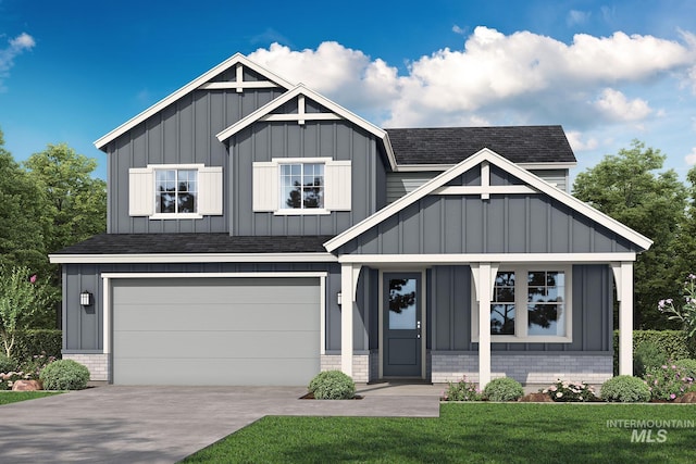 view of front of house featuring a shingled roof, brick siding, and board and batten siding