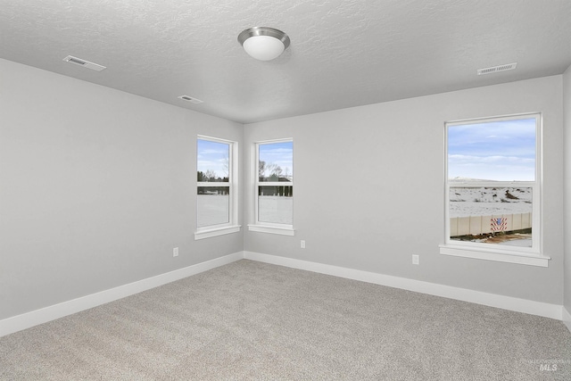 empty room featuring plenty of natural light, carpet, visible vents, and baseboards