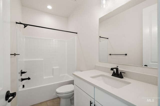 full bathroom featuring toilet, tile patterned floors, vanity, washtub / shower combination, and recessed lighting