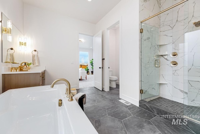 bathroom featuring toilet, vanity, and walk in shower